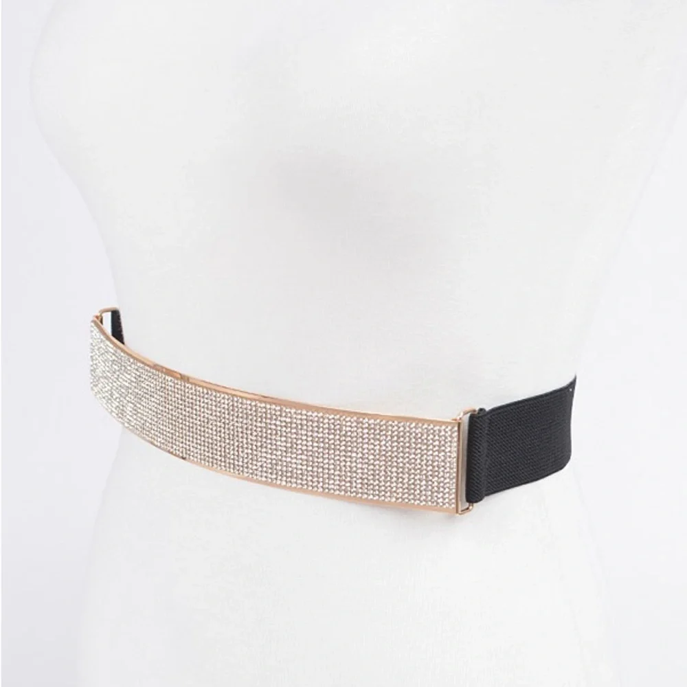 Rhinestone Metallic Plaque Elastic Statement Belt